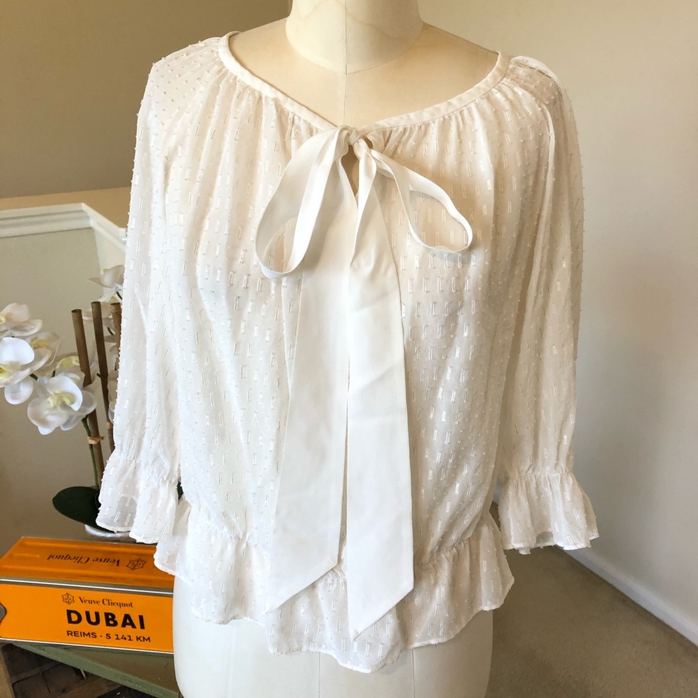 TRINA TURK white cinched waist silk blend chiffon top